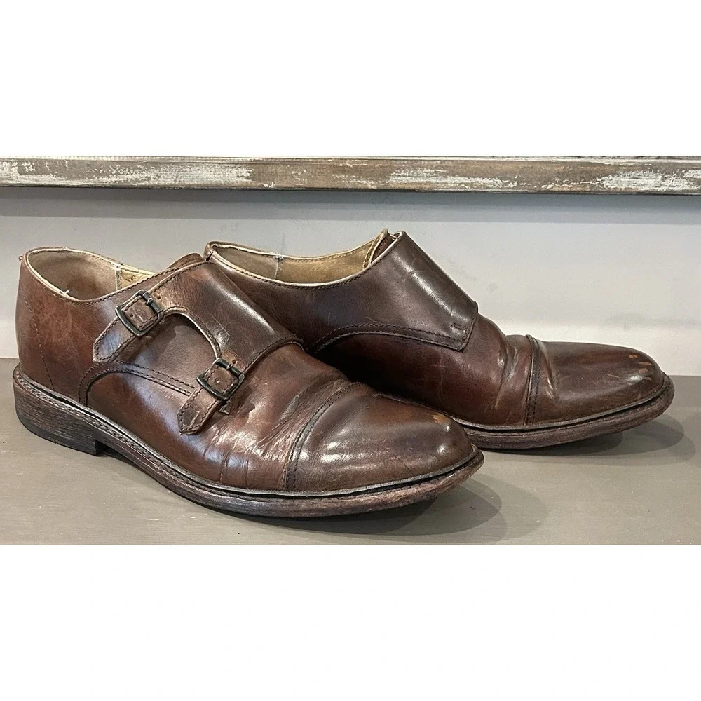 Frye Double Monk Strap Dress Shoes Mens Size 9D‎ Brown Leather Cap Toe Oxford
